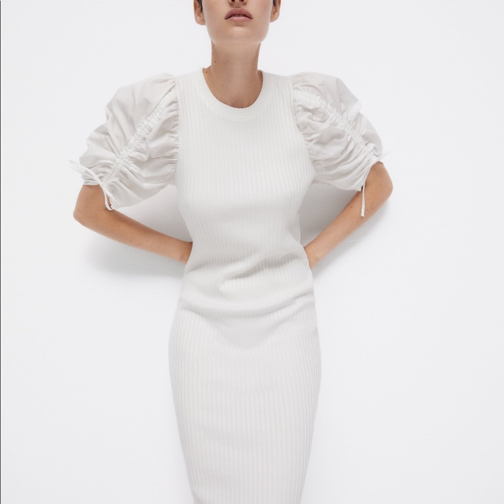 Zara Ribbed Knit Puff Sleeve Back Cutout Midi Dress NWT - Picture 14 of 16